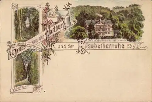 Litho Lutherstadt Eisenach in Thüringen, Wartburg, Elisabethenruhe, Drachenschlucht