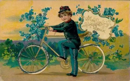 Präge Glitzer Ak Kind mit Fahrrad, Vergissmeinnicht, Kitsch