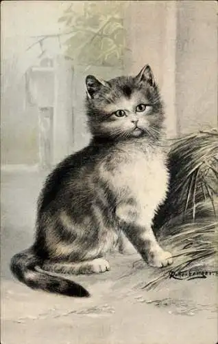 Künstler Litho Rothenberger, Kleine Katze, Kätzchen, Heu