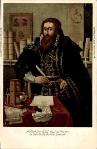 Litho Ältestes Bild Gutenbergs als Erfinder der Buchdruckerkunst
