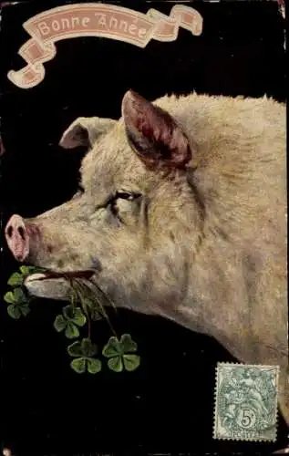 Ak Glückwunsch Neujahr, Schwein mit Kleeblättern, Portrait
