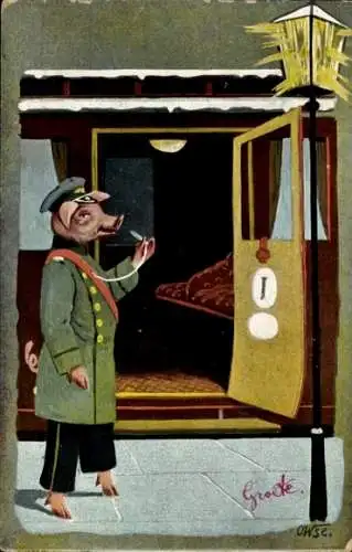 Künstler Ak Vermenschlichtes Schwein als Schaffner