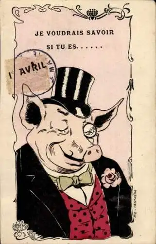 Künstler Ak Glückwunsch 1. April, Vermenschlichtes Schwein, Zylinder, Monokel