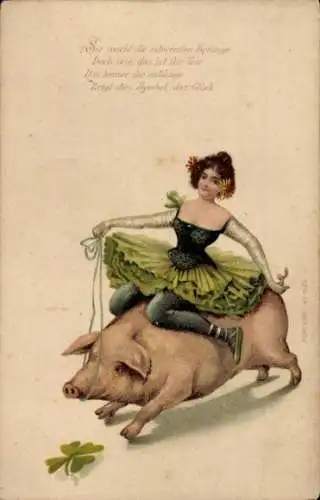 Litho Junge Frau auf Schwein reitend, Glückwunsch, Glücksklee