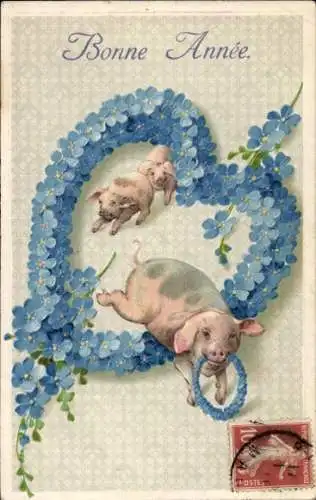 Präge Ak Glückwunsch Neujahr, Schweine, Blumen