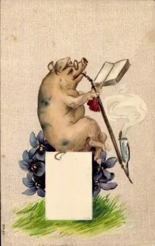 Präge Ak Schwein raucht Pfeife und liest ein Buch, Veilchen