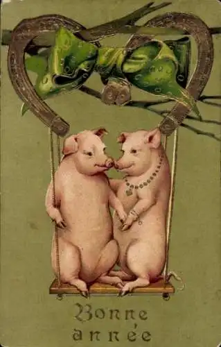 Präge Ak Glückwunsch Neujahr, Schweine, Hufeisen, Schaukel