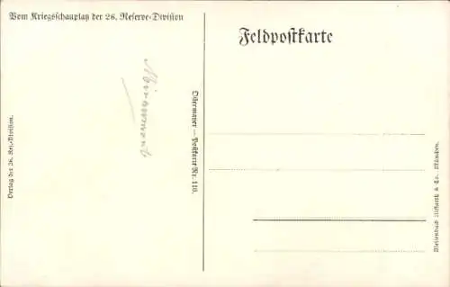 Künstler Ak Kriegsschauplatz der 26. Reserve-Division, Soldat füttert seine Pferde, I. WK