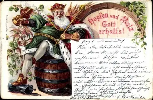 Litho Hopfen und Malz, Gott erhalt's, König Gambrinus, Bierkrug, Bierfässer