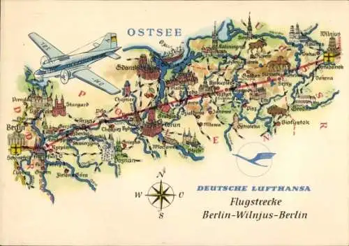 Landkarten Ak Deutsche Lufthansa, Flugstrecke Berlin Wilnjus Berlin, Flugzeug