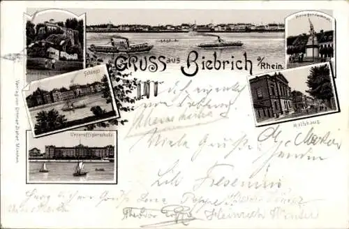 Litho Biebrich am Rhein Wiesbaden, Rathaus, Kriegerdenkmal, Unteroffizierschule, Schloss, Moosburg