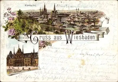 Litho Wiesbaden in Hessen, Panorama, Rathaus