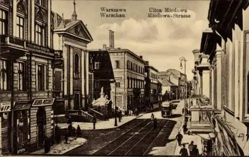 Ak Warschau Polen, Miodowa Straße, Geschäfte, Straßenbahn