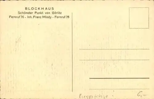 Ak Görlitz in der Lausitz, Gastwirtschaft Blockhaus, Inh. Franz Mlody, Prinz Friedrich Karl Denkmal