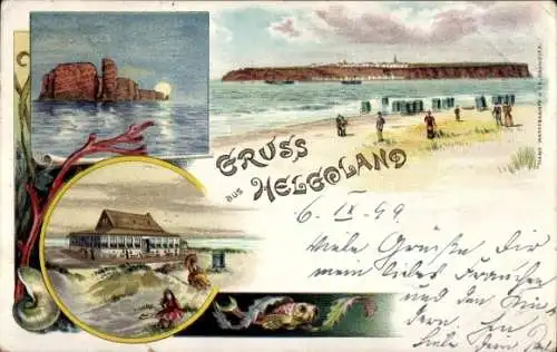 Litho Nordseeinsel Helgoland, Gesamtansicht bei Mondschein, Blick von der Düne, Gasthaus