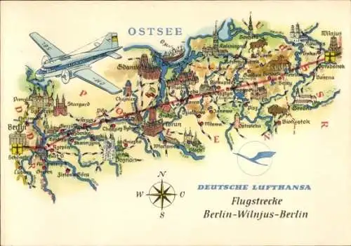 Landkarten Ak Deutsche Lufthansa, Flugstrecke Berlin Wilnjus Berlin, Flugzeug