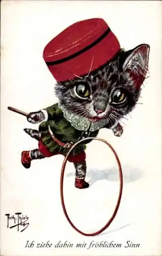 Künstler Ak Thiele, Arthur, Vermenschlichte Katze mit Reifen