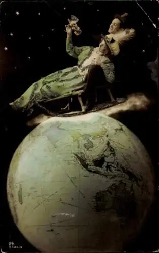 Ak Paar auf einem Schlitten, Weltkugel, Fotomontage