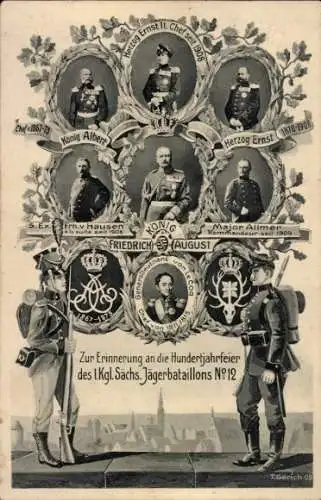 Ak 1. Kgl. Sächs. Jägerbataillon No. 12, Hundertjahrfeier, König Friedrich August III. von Sachsen