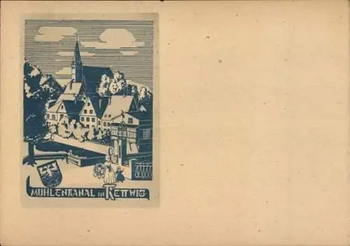 Künstler Ak Kettwig Essen im Ruhrgebiet, Mühlenkanal, Kirche, Wappen