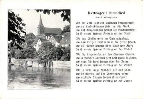 Ak Kettwig Essen im Ruhrgebiet, Teilansicht, Kirche, Kettwiger Heimatlied, R. Windgassen