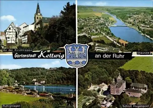 Ak Kettwig Essen im Ruhrgebiet, Kirchtreppe, Stausee, Ruhranlagen, Schloss Hugenpoet, Wappen