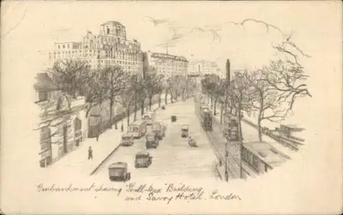 Künstler Ak London City England, Thames Embankment, Shell Mex Building, Savoy Hotel
