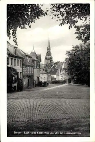 Ak Stade in Niedersachsen, Blick vom Schiffertor auf die St. Cosmaekirche