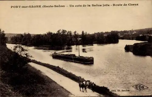 Ak Port sur Saône Haute Saône, Route de Chaux, Saone, Schiff