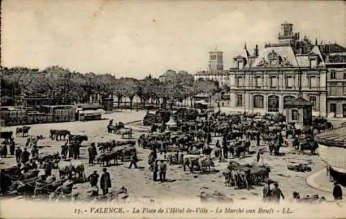 Ak Valence Drôme, Place de l'Hotel-de-Ville, Rindermarkt