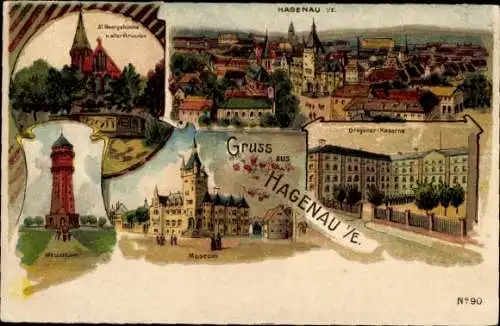 Litho Haguenau Hagenau im Elsass Bas Rhin, Gesamtansicht, Wasserturm, Museum, Dragoner-Kaserne