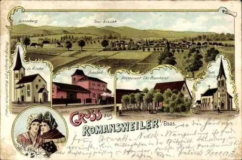 Litho Romanswiller Romansweiler Elsass Bas Rhin, Kirche, Bahnhof, Restaurant, Frauen in Tracht