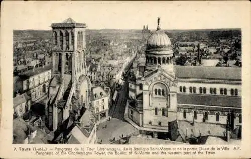 Ak Tours Indre et Loire, Panorama de la Tour Charlemagne, Basilique Saint Martin, Ouest de la Ville