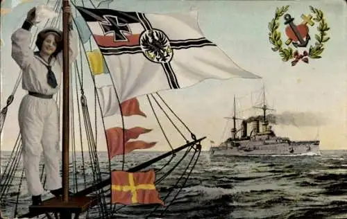 Ak Kaiserliche Marine, deutsches Kriegsschiff auf See, Frau in Marineuniform, Flaggen
