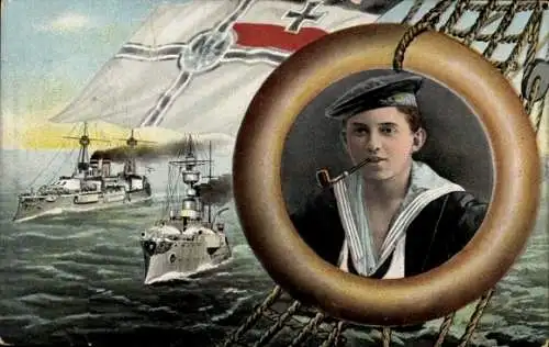 Ak Kaiserliche Marine, deutsche Kriegsschiffe auf See, junger Seemann mit Pfeife