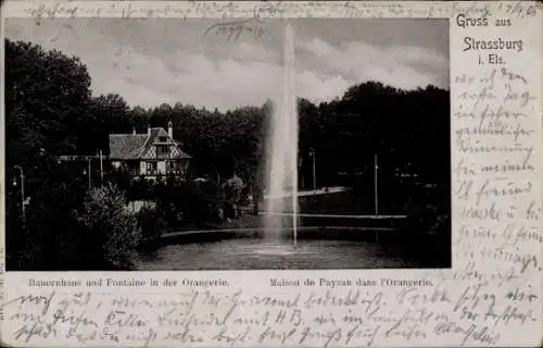 Ak Strasbourg Straßburg Elsass Bas Rhin, Bauernhaus und Fontäne in der Orangerie