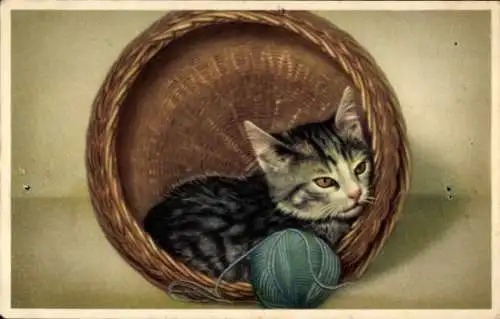 Ak Katze im Korb, Wollknäuel