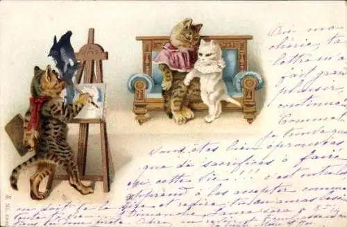 Litho Maler fertig Bild von Katzen auf Bank an