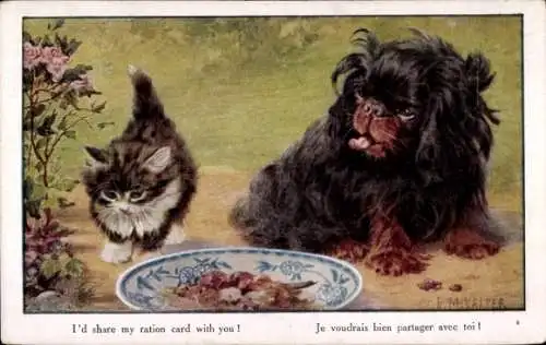 Künstler Ak Valter, F. M., Hund und kleine Katze, Essen auf dem Teller