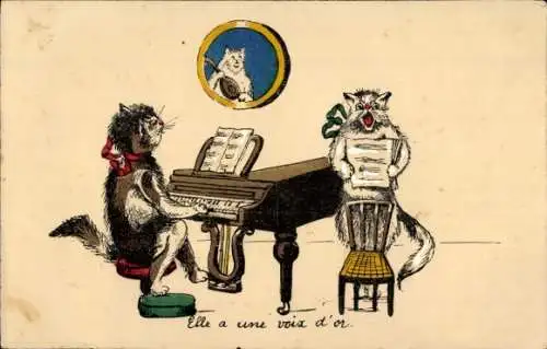 Ak Katzen und Musikunterricht, Klavier, Singende Katze