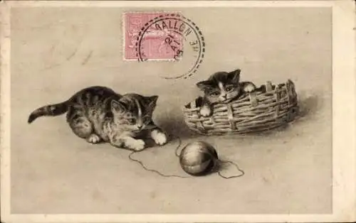 Ak Zwei junge Katzen, Korb, Wollknäuel