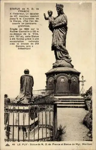 Ak Le Puy en Velay Haute Loire, Statue de Notre Dame de France, Statue de Mgr. Morihon