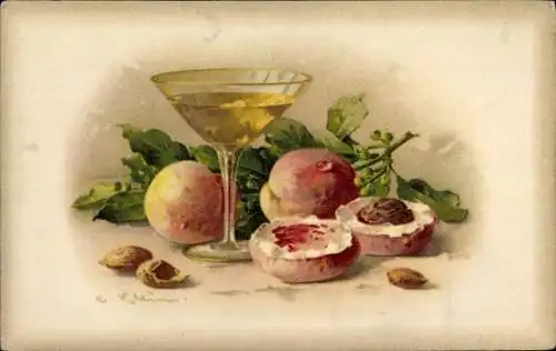 Künstler Ak Klein, Catharina, Stillleben, Glas, Pfirsiche