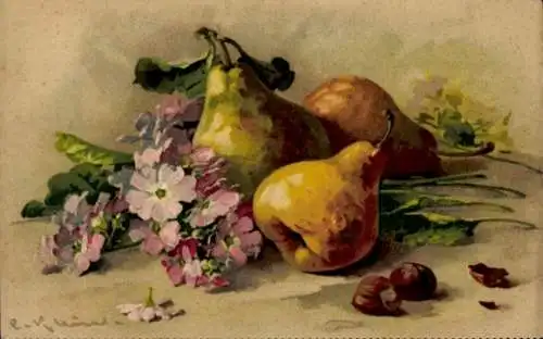 Künstler Ak Klein, Catharina, Stillleben, Blüten, Birnen, Haselnüsse