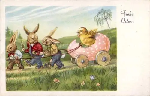 Künstler Ak Glückwunsch Ostern, Hasen, Ei, Küken, Blumenwiese