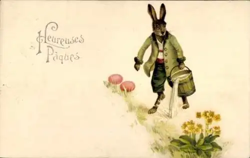 Ak Glückwunsch Ostern, Osterhase, Eimer, Ostereier, Blumen