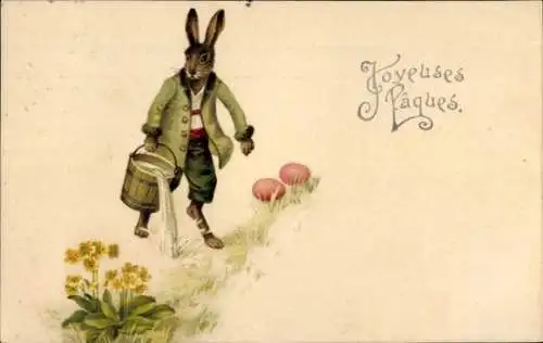 Ak Glückwunsch Ostern, Osterhase, Eimer, Ostereier, Blumen