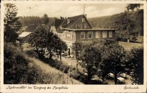 Ak Clausthal Zellerfeld im Oberharz, Gaststätte Untermühle, Eingang des Spiegeltales
