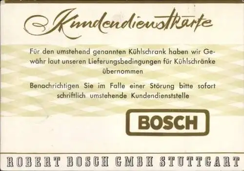 Ak Stuttgart in Württemberg, Kundendienstkarte, Kühlschrank, Robert Bosch GmbH, Kurt Kloss