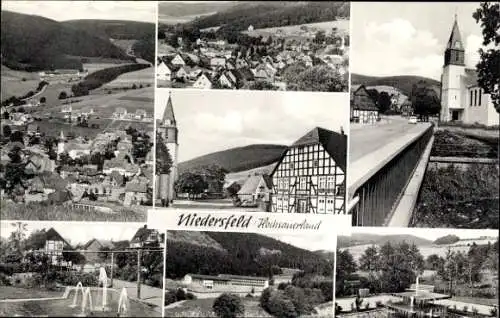 Ak Niedersfeld Winterberg im Sauerland, Panorama, Teilansichten, Fachwerkhaus, Brunnen